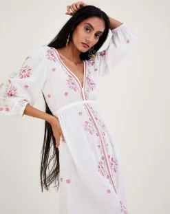 Monsoon Embroidered Maxi Kaftan Dress| Ivory