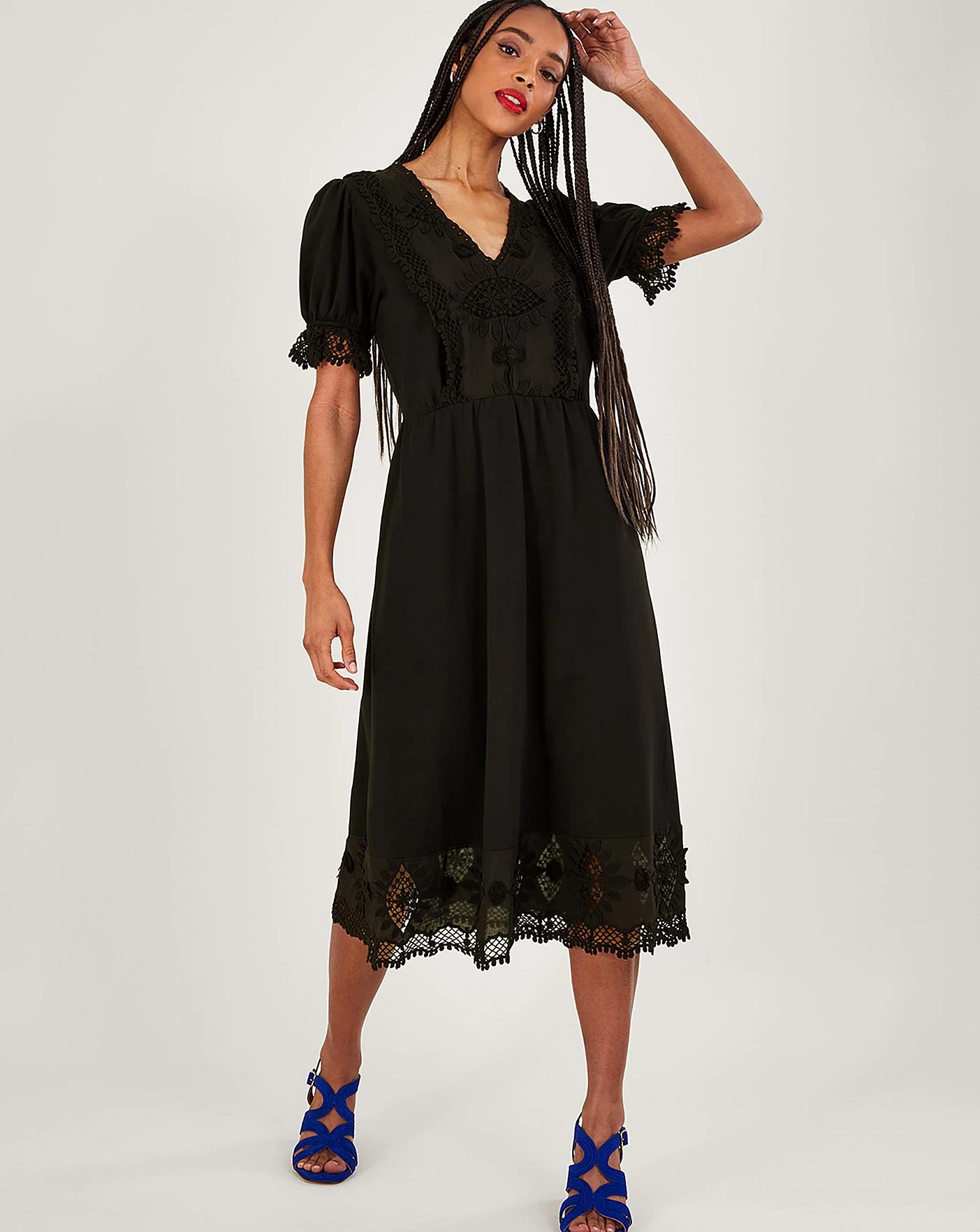 Monsoon Jersey Crochet Trim Midi Dress| Black 2 Monsoon Jersey Crochet Trim Midi Dress| Black - Image 2