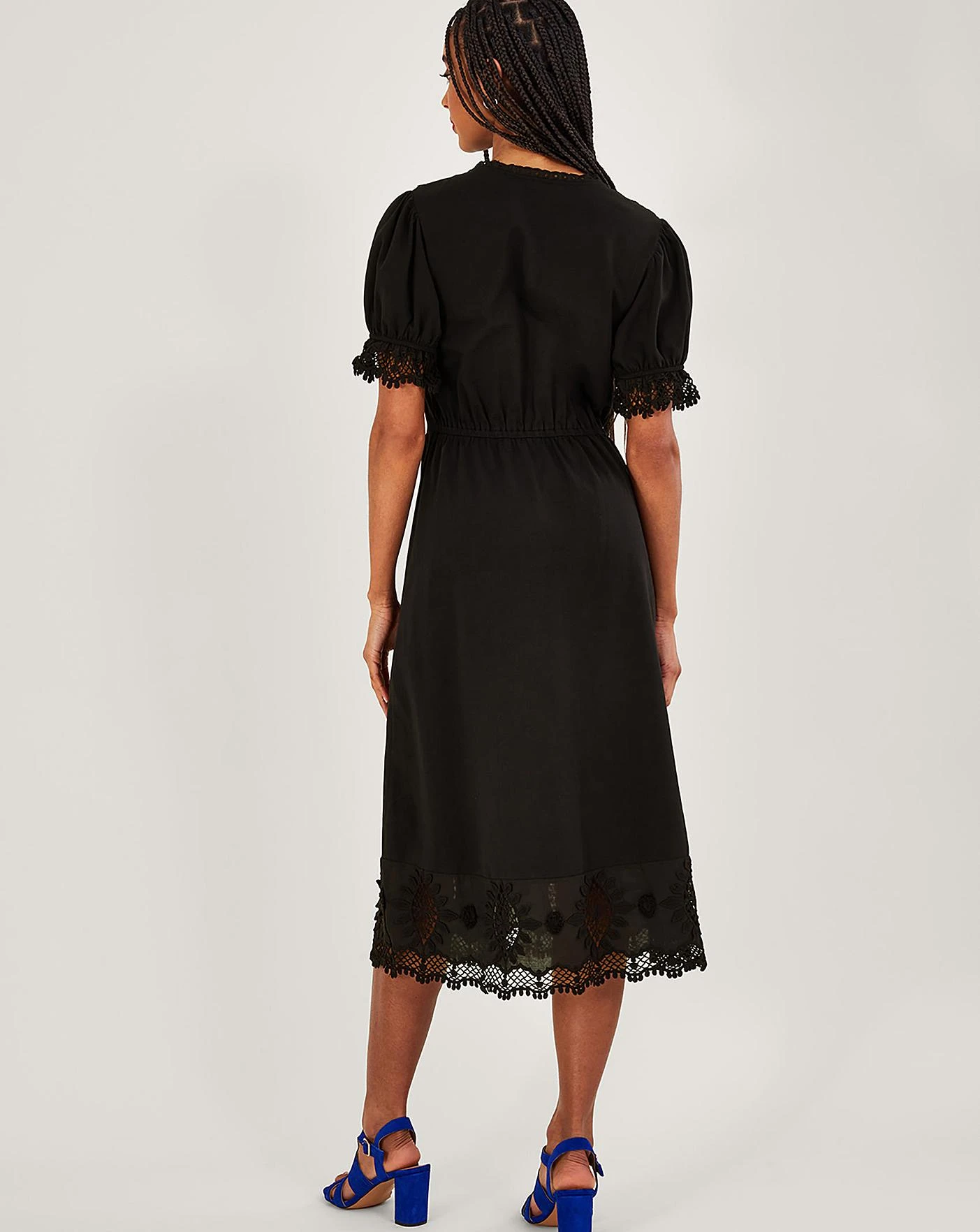 Monsoon Jersey Crochet Trim Midi Dress| Black 3 Monsoon Jersey Crochet Trim Midi Dress| Black - Image 3