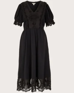 Monsoon Jersey Crochet Trim Midi Dress| Black