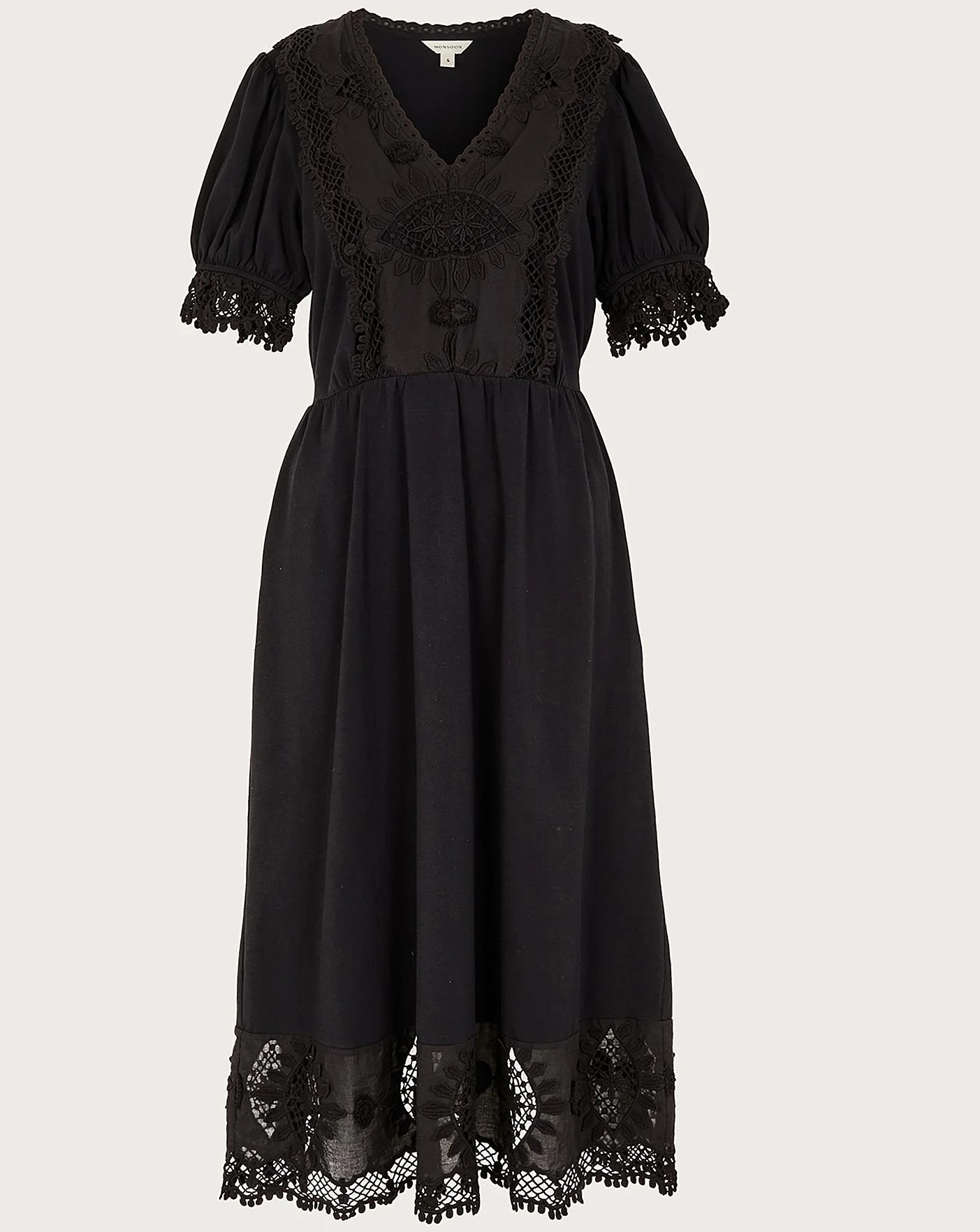 Monsoon Jersey Crochet Trim Midi Dress| Black 1 Monsoon Jersey Crochet Trim Midi Dress| Black