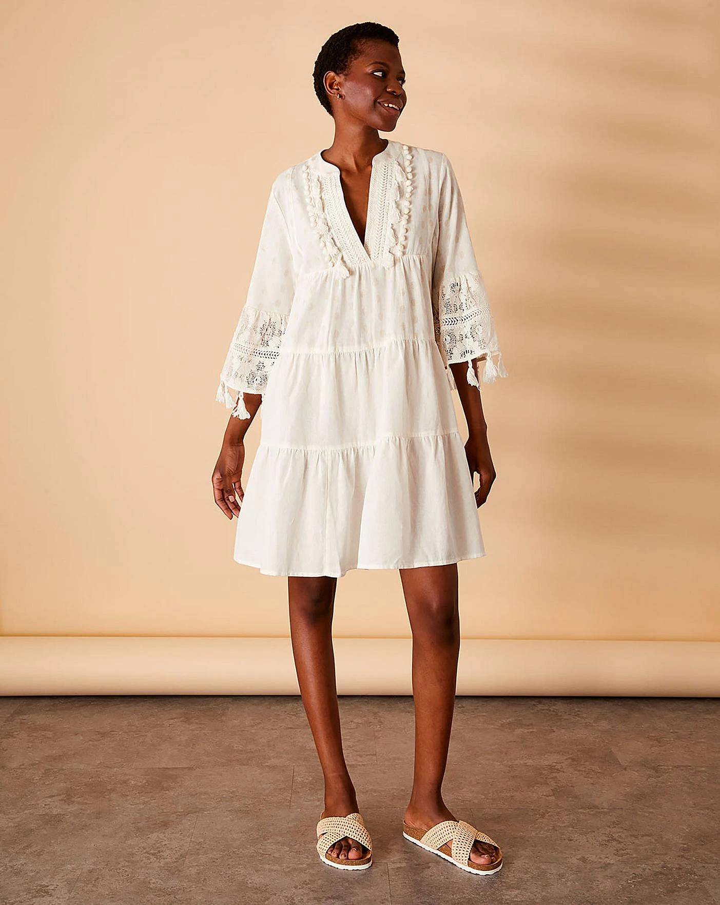 Accessorize Dobby Tassel Trim Dress| White 2 Accessorize Dobby Tassel Trim Dress| White - Image 2