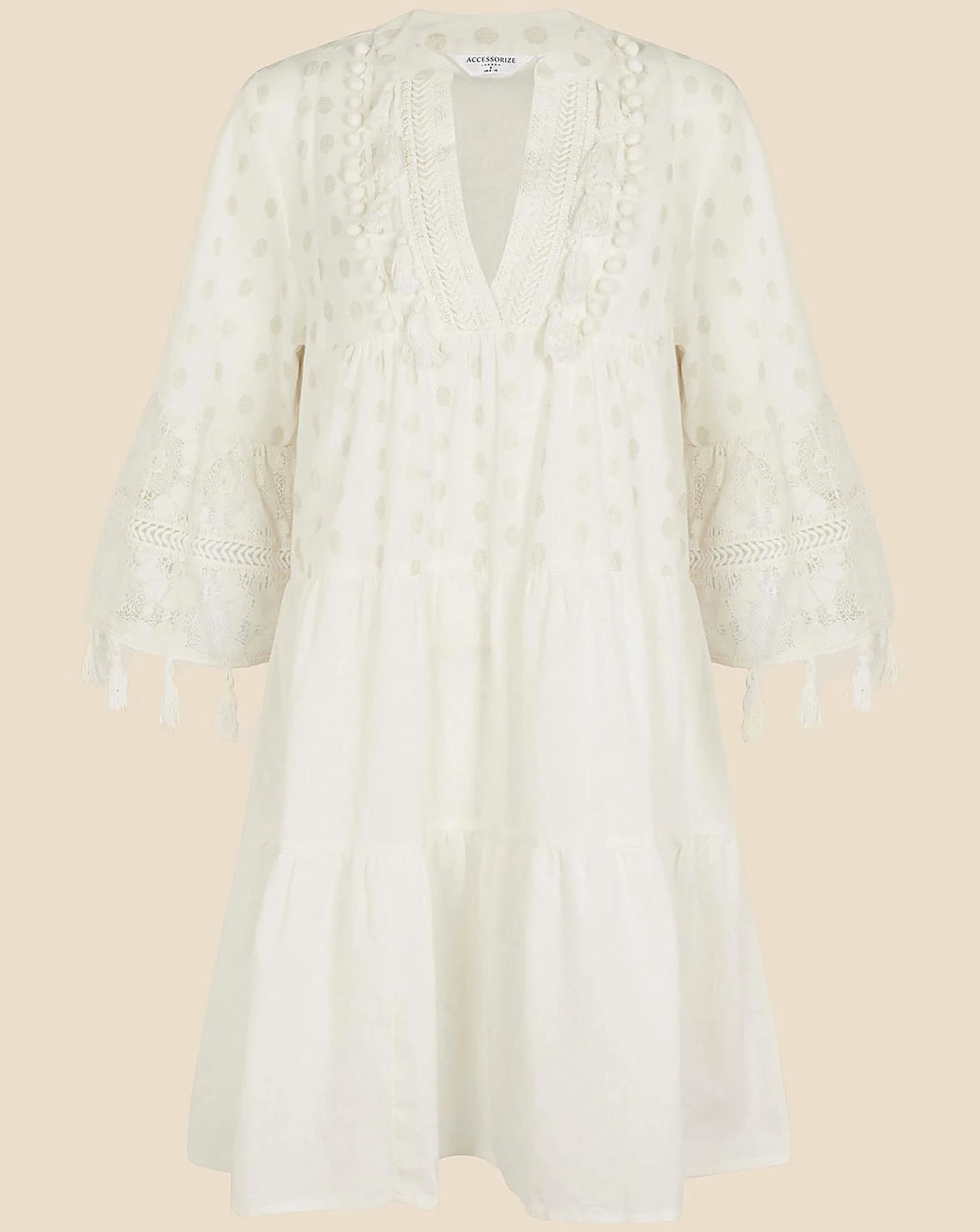 Accessorize Dobby Tassel Trim Dress| White 1 Accessorize Dobby Tassel Trim Dress| White