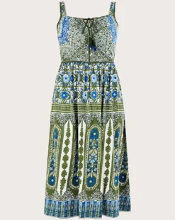 Monsoon Heritage Print Lace Trim Dress| Khaki