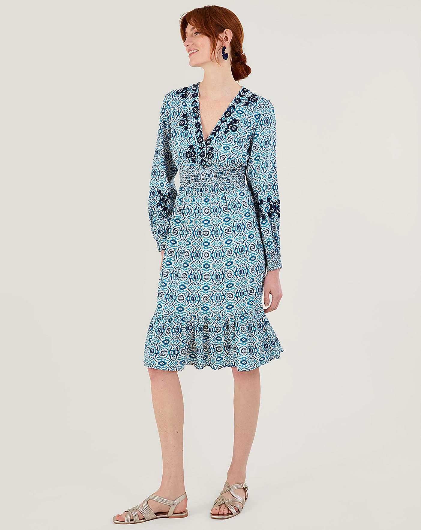 Monsoon Faye Geometric Embroidered Dress| Blue 2 Monsoon Faye Geometric Embroidered Dress| Blue - Image 2