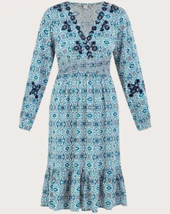 Monsoon Faye Geometric Embroidered Dress| Blue