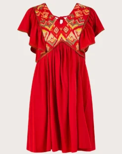 Monsoon Embroidered Jersey Dress| Red