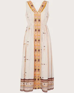 Monsoon Tie Chevron Embroidered Dress| Ivory