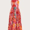 Monsoon Ikat Paisley Halter Midi Dress| Pink