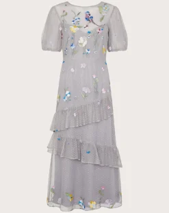 Monsoon Gwendolyn Embroidered Midi Dress| Grey