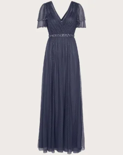 Monsoon Isla Spot Mesh Maxi Dress| Dark Blue