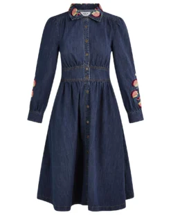 Monsoon Embroidered Denim Shirt Dress| Denim Blue