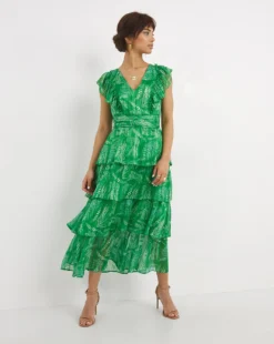 Joanna Hope Tiered Printed Midi Dress| Green Print