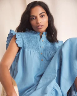 Anise Savannah Blue Shirred Yoke Linen Midi Dress| Blue -MONSON Clothing Shop w01vk696737w