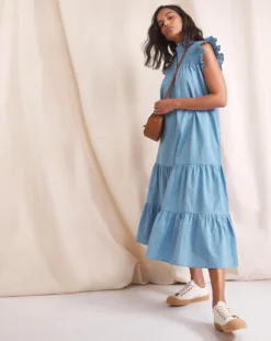 Anise Savannah Blue Shirred Yoke Linen Midi Dress| Blue