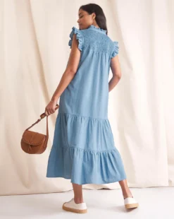 Anise Savannah Blue Shirred Yoke Linen Midi Dress| Blue -MONSON Clothing Shop w01vk696740w