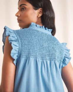 Anise Savannah Blue Shirred Yoke Linen Midi Dress| Blue -MONSON Clothing Shop w01vk696741w