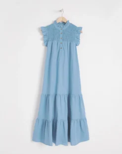 Anise Savannah Blue Shirred Yoke Linen Midi Dress| Blue -MONSON Clothing Shop w01vk696743s