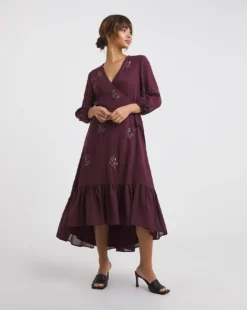 Raishma Beaded Tonal Leaf Wrap Midi Dress| Purple