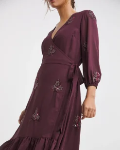 Raishma Beaded Tonal Leaf Wrap Midi Dress| Purple -MONSON Clothing Shop x01bo587707w