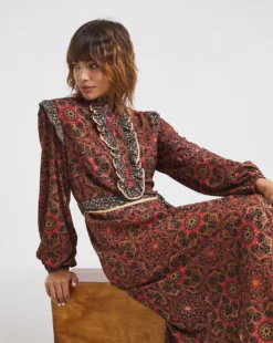 Raishma Studio Frill Detailed Printed Midi Dress| Brown Multi-coloured -MONSON Clothing Shop x01bo616708w