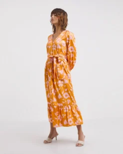 Raishma Studio Floral Print Midi Dress| Orange Multi-coloured