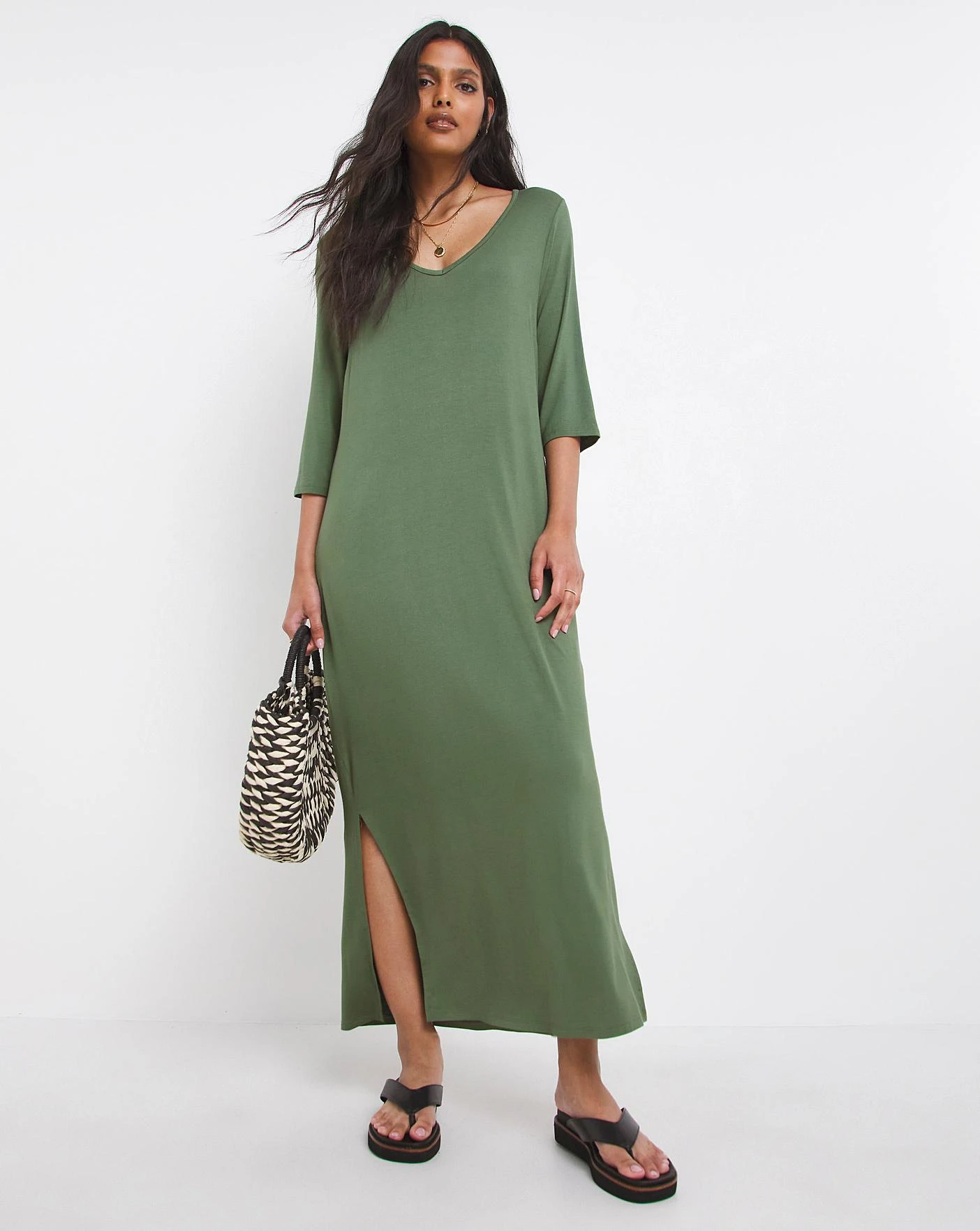 3/4 Sleeve Side Slit Midi T-Shirt Dress| Khaki 3 3/4 Sleeve Side Slit Midi T-Shirt Dress| Khaki - Image 3