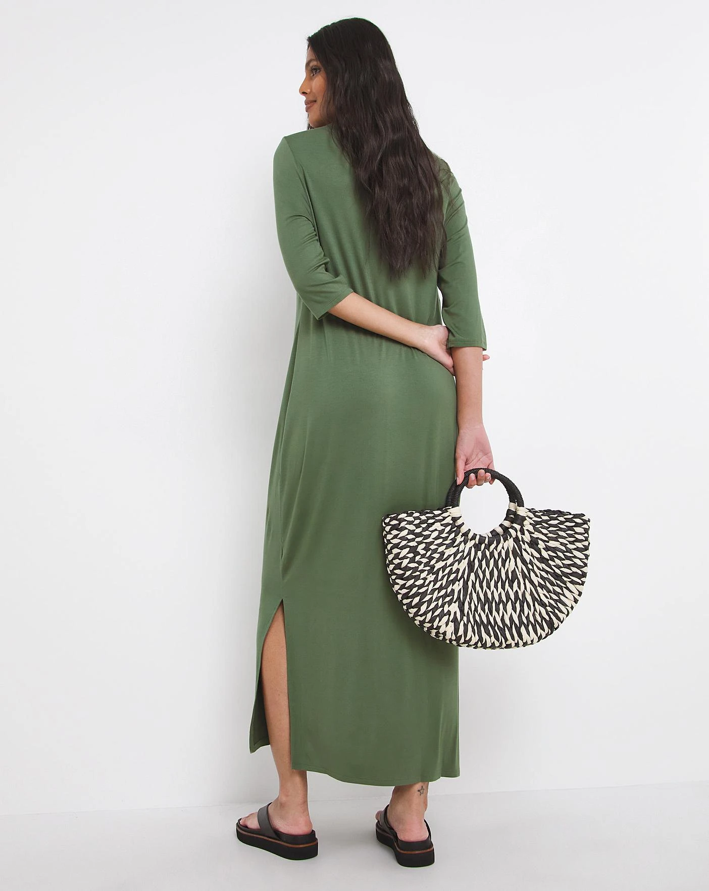 3/4 Sleeve Side Slit Midi T-Shirt Dress| Khaki 4 3/4 Sleeve Side Slit Midi T-Shirt Dress| Khaki - Image 4