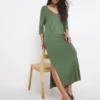 3/4 Sleeve Side Slit Midi T-Shirt Dress| Khaki