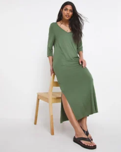 3/4 Sleeve Side Slit Midi T-Shirt Dress| Khaki