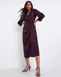 Animal Shirred Cuff Satin Wrap Dress| Animal Print