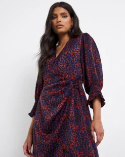 Animal Shirred Cuff Satin Wrap Dress| Animal Print -MONSON Clothing Shop x01fh931716w