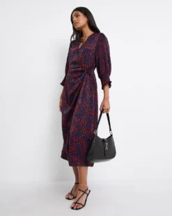 Animal Shirred Cuff Satin Wrap Dress| Animal Print -MONSON Clothing Shop x01fh931718w