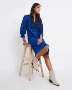 Blue Animal Soft Touch Ruched V-Neck Swing Dress| Blue Animal