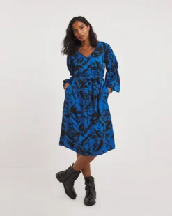 Blue Print Balloon Ruffle Sleeve Swing Dress| BLUE MULTI PRINT