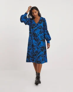 Blue Print Balloon Ruffle Sleeve Swing Dress| BLUE MULTI PRINT -MONSON Clothing Shop x01fh975756w