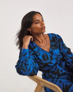 Blue Print Balloon Ruffle Sleeve Swing Dress| BLUE MULTI PRINT -MONSON Clothing Shop x01fh975757w