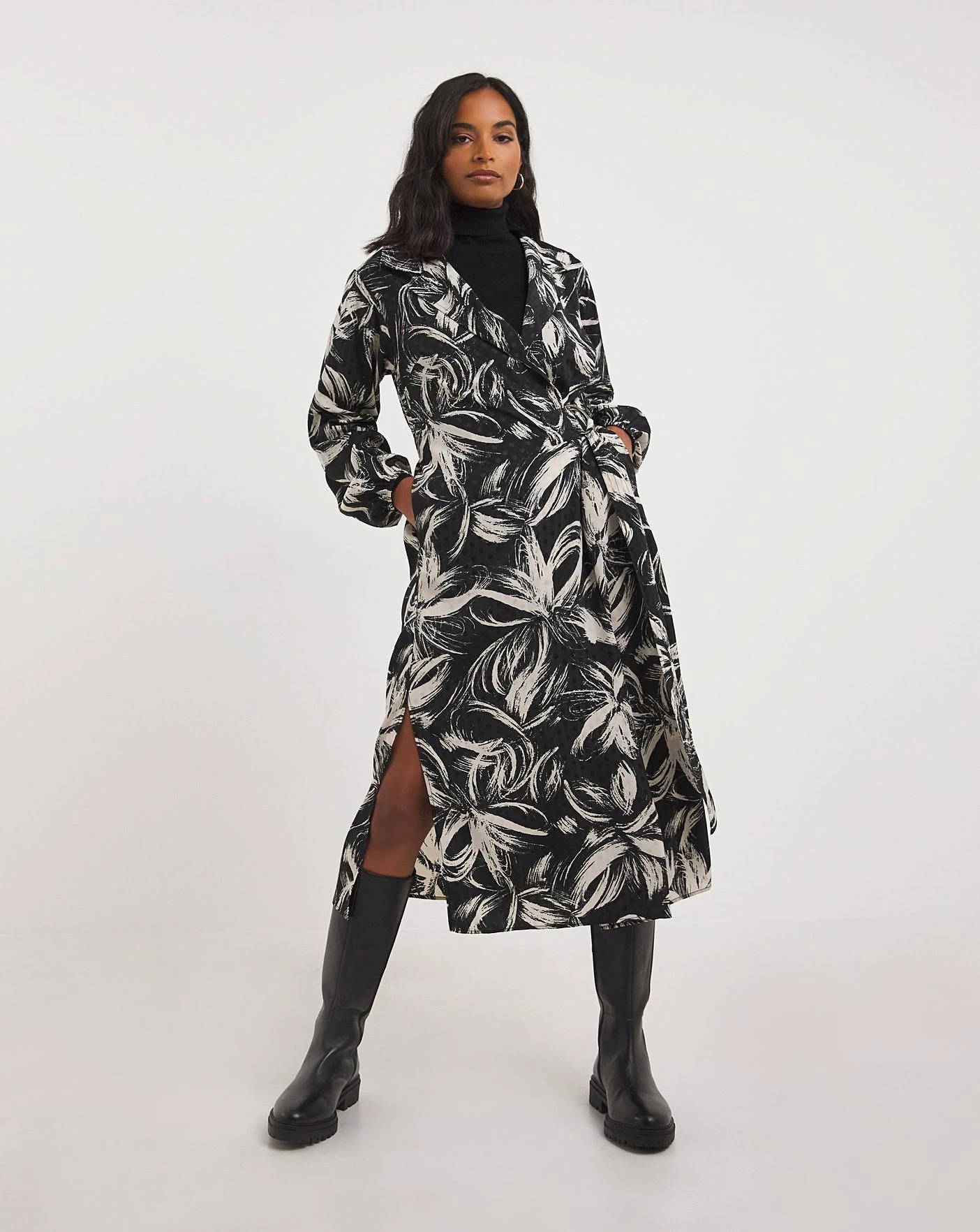 Satin Dobby Floral Wrap Dress| Mono Floral 1 Satin Dobby Floral Wrap Dress| Mono Floral