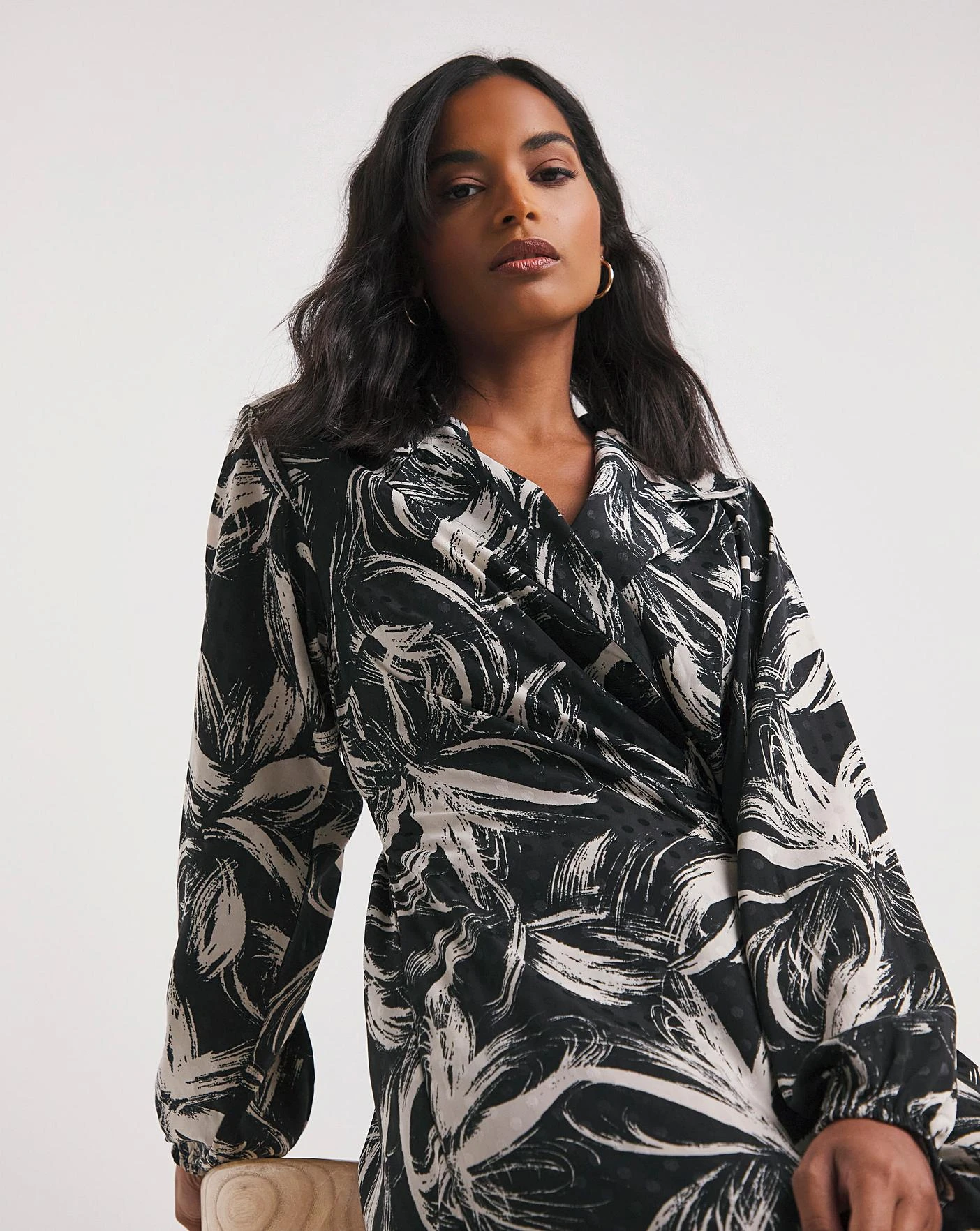 Satin Dobby Floral Wrap Dress| Mono Floral 2 Satin Dobby Floral Wrap Dress| Mono Floral - Image 2