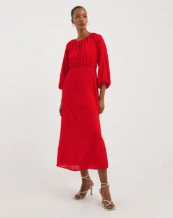 Textured Puff Sleeve Tie Back Dress| Red -MONSON Clothing Shop x01gh516719w