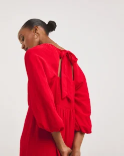 Textured Puff Sleeve Tie Back Dress| Red -MONSON Clothing Shop x01gh516720w