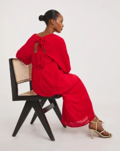 Textured Puff Sleeve Tie Back Dress| Red -MONSON Clothing Shop x01gh516722w