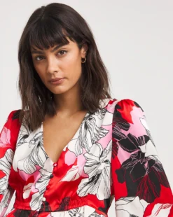 Button Front Matte Satin Tea Dress| Red Floral -MONSON Clothing Shop x01gh552731w