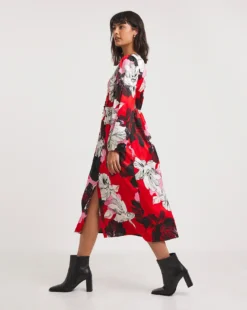 Button Front Matte Satin Tea Dress| Red Floral -MONSON Clothing Shop x01gh552732w