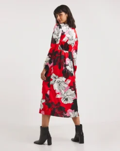 Button Front Matte Satin Tea Dress| Red Floral -MONSON Clothing Shop x01gh552733w