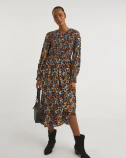 Zip Front Shirred Bodice Smock Dress| Multi Coloured Floral