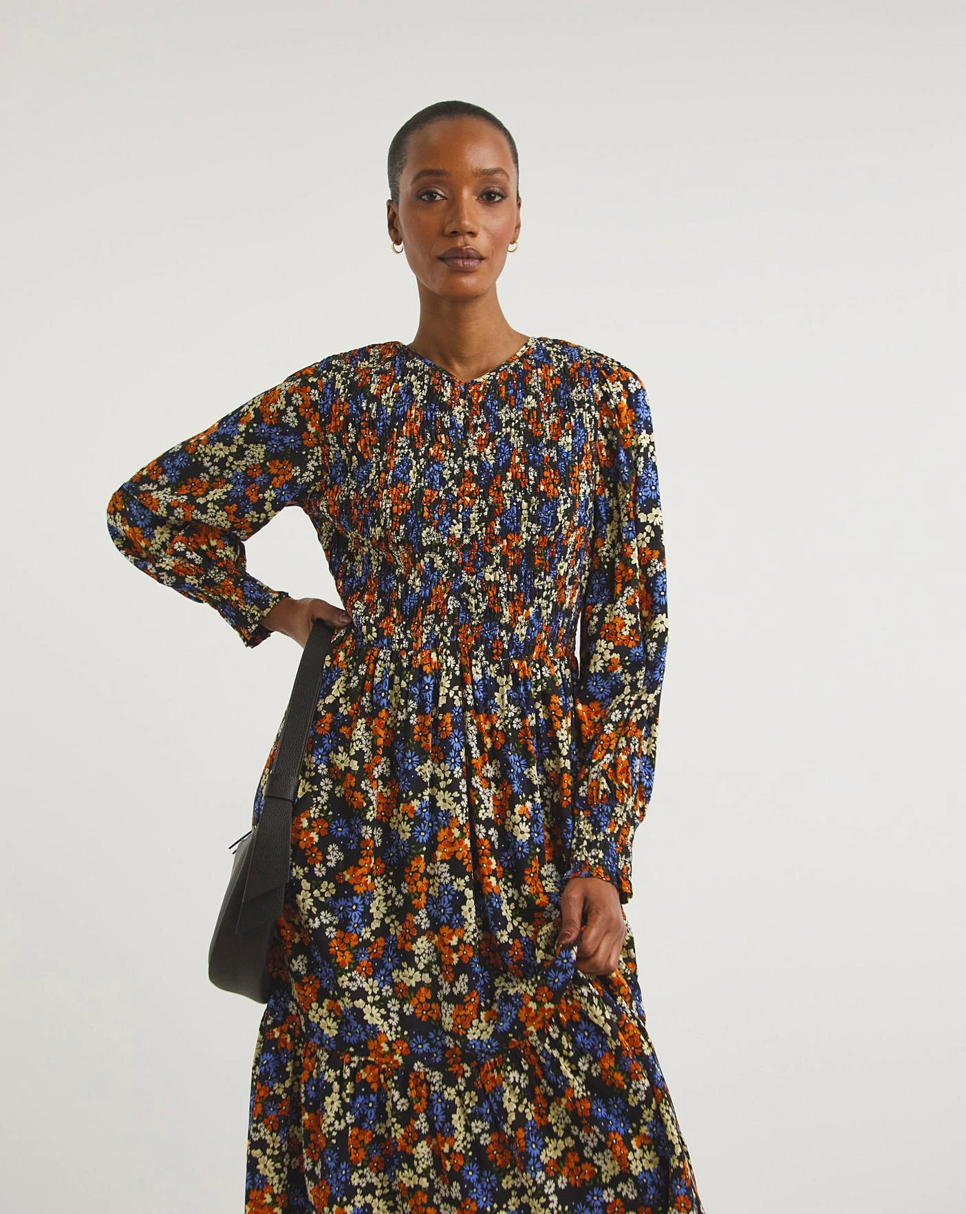 Zip Front Shirred Bodice Smock Dress| Multi Coloured Floral 3 Zip Front Shirred Bodice Smock Dress| Multi Coloured Floral - Image 3