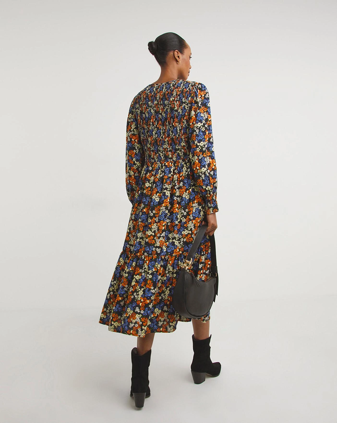 Zip Front Shirred Bodice Smock Dress| Multi Coloured Floral 4 Zip Front Shirred Bodice Smock Dress| Multi Coloured Floral - Image 4