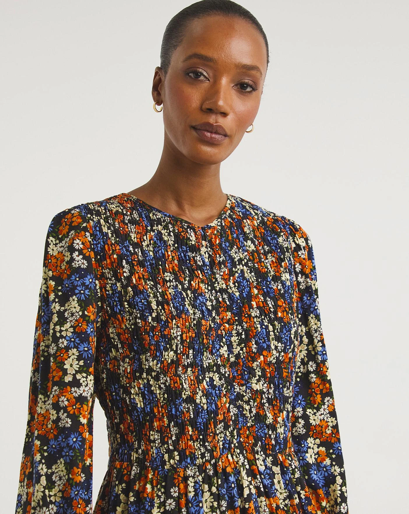 Zip Front Shirred Bodice Smock Dress| Multi Coloured Floral 2 Zip Front Shirred Bodice Smock Dress| Multi Coloured Floral - Image 2