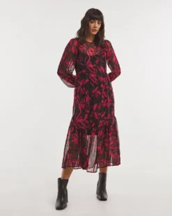 Printed Godet Hem Midi Dress| Red Print
